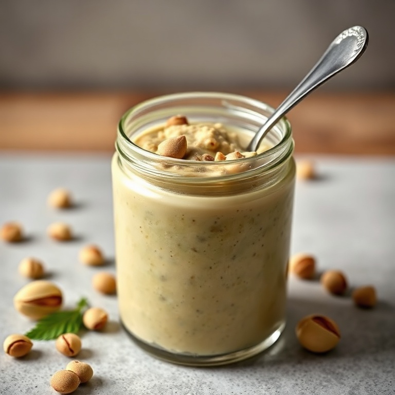 High protein pistachio pudding in a glass jar with a small spoon. Warm side lighting showing texture. Photorealistic food photography. No text. No watermark.