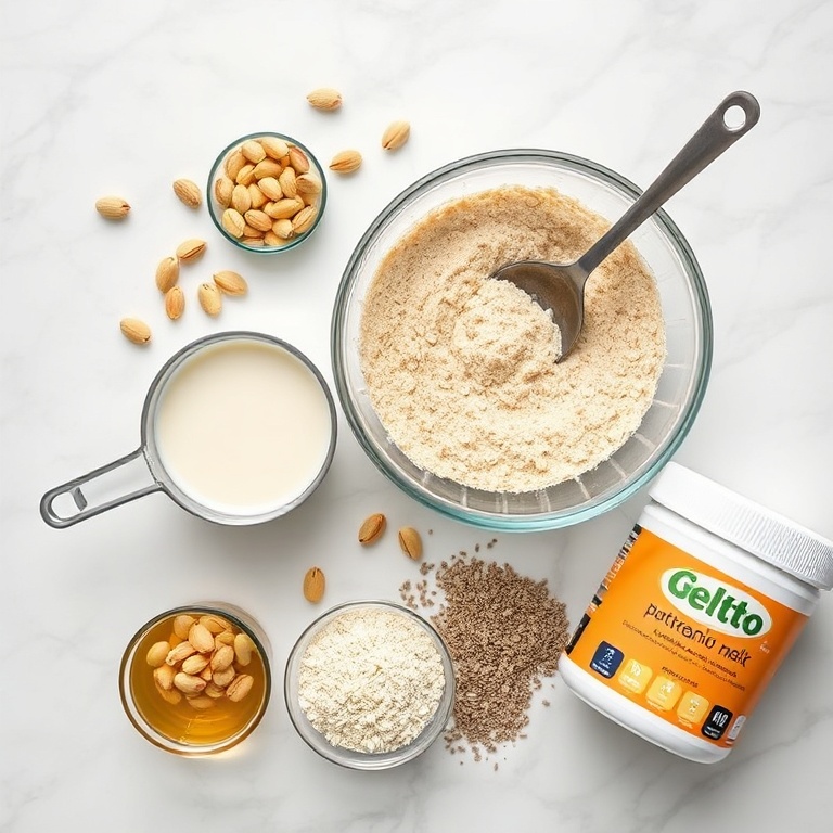 Raw ingredients for high protein pistachio pudding overnight oats on a white marble surface. Measuring cups, mixing bowl, pistachios, oats, chia seeds, almond milk, honey, and protein powder visible. Bright even light. Photorealistic overhead food photography. No text. No watermark.