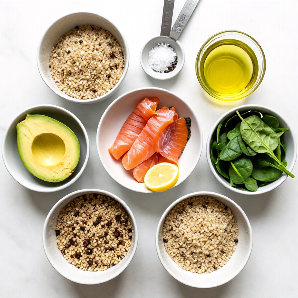Raw ingredients for high protein smoked salmon quinoa breakfast bowls