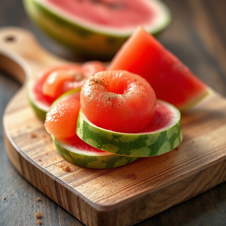 Watermelon rind snack on a wooden board with a touch of cinnamon