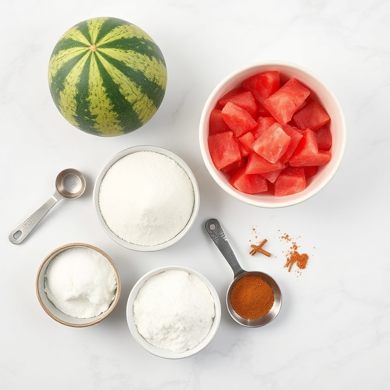 Watermelon, sugar, cornstarch, and cinnamon arranged in an overhead flat lay