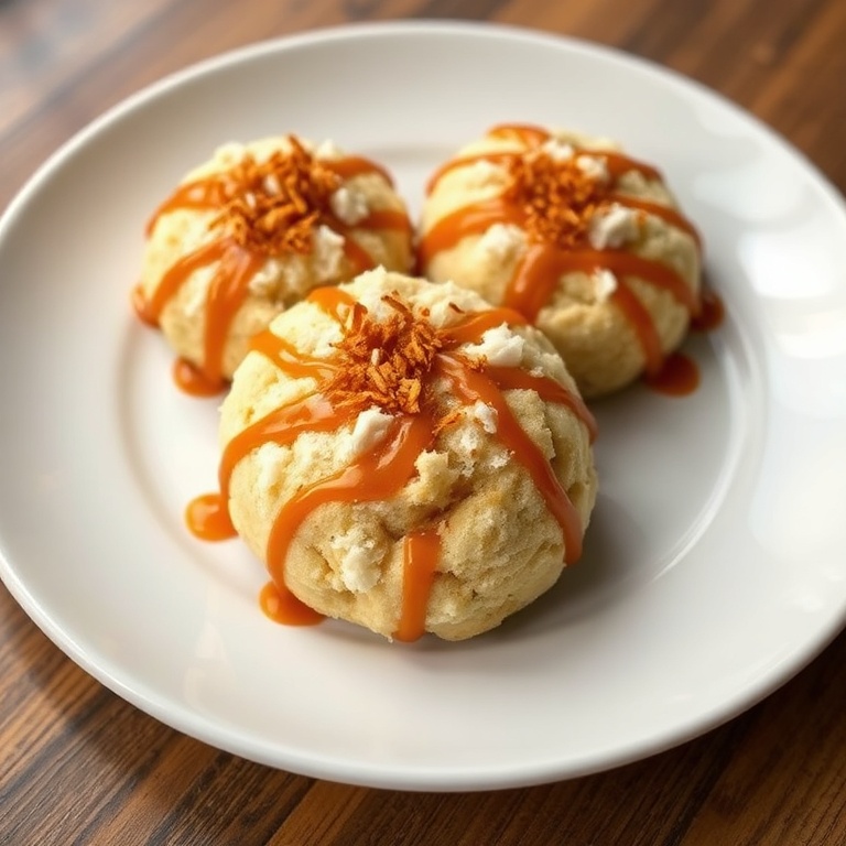 One perfect plated serving of Samoas cookies with toasted coconut and caramel drizzle. White ceramic plate. Warm side lighting showing texture. Photorealistic food photography, no text, no watermark.
