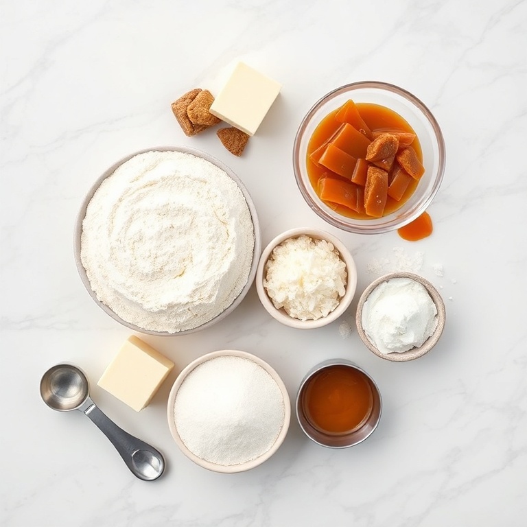 Overhead flat lay of raw ingredients for Samoas cookies. Flour, butter, sugar, coconut, and caramel visible. Measuring spoons and cups nearby. White marble surface. Bright even light. Photorealistic overhead food photography, no text, no watermark.