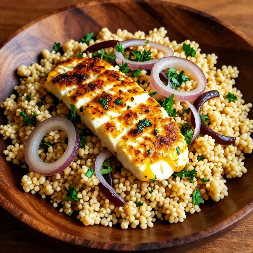 Plated serving of Honey Halloumi Couscous Salad with Sumac Onions