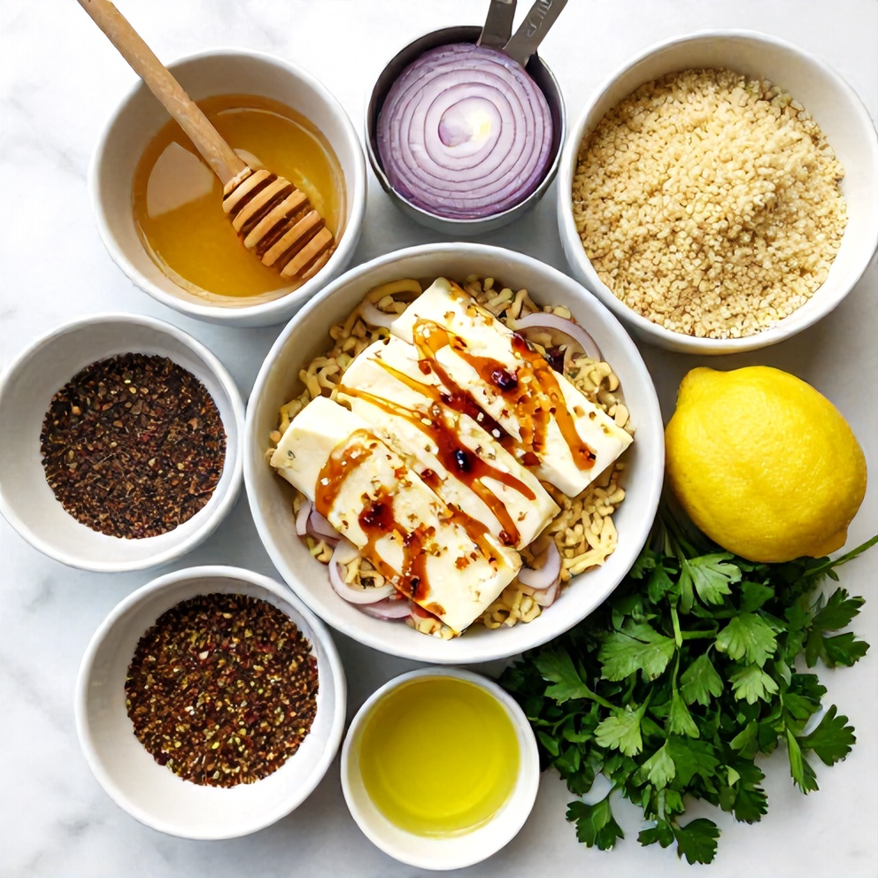 Raw ingredients for Honey Halloumi Couscous Salad with Sumac Onions