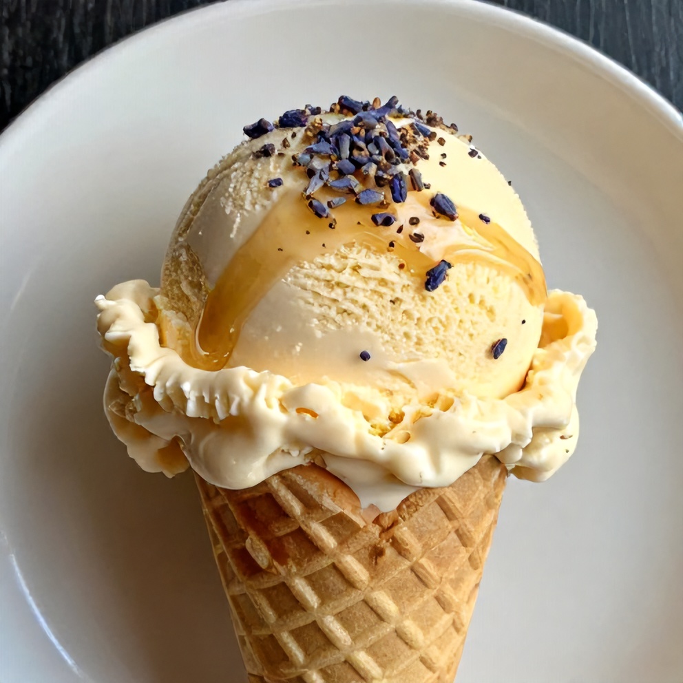 Honey lavender ice cream scooped into a cone