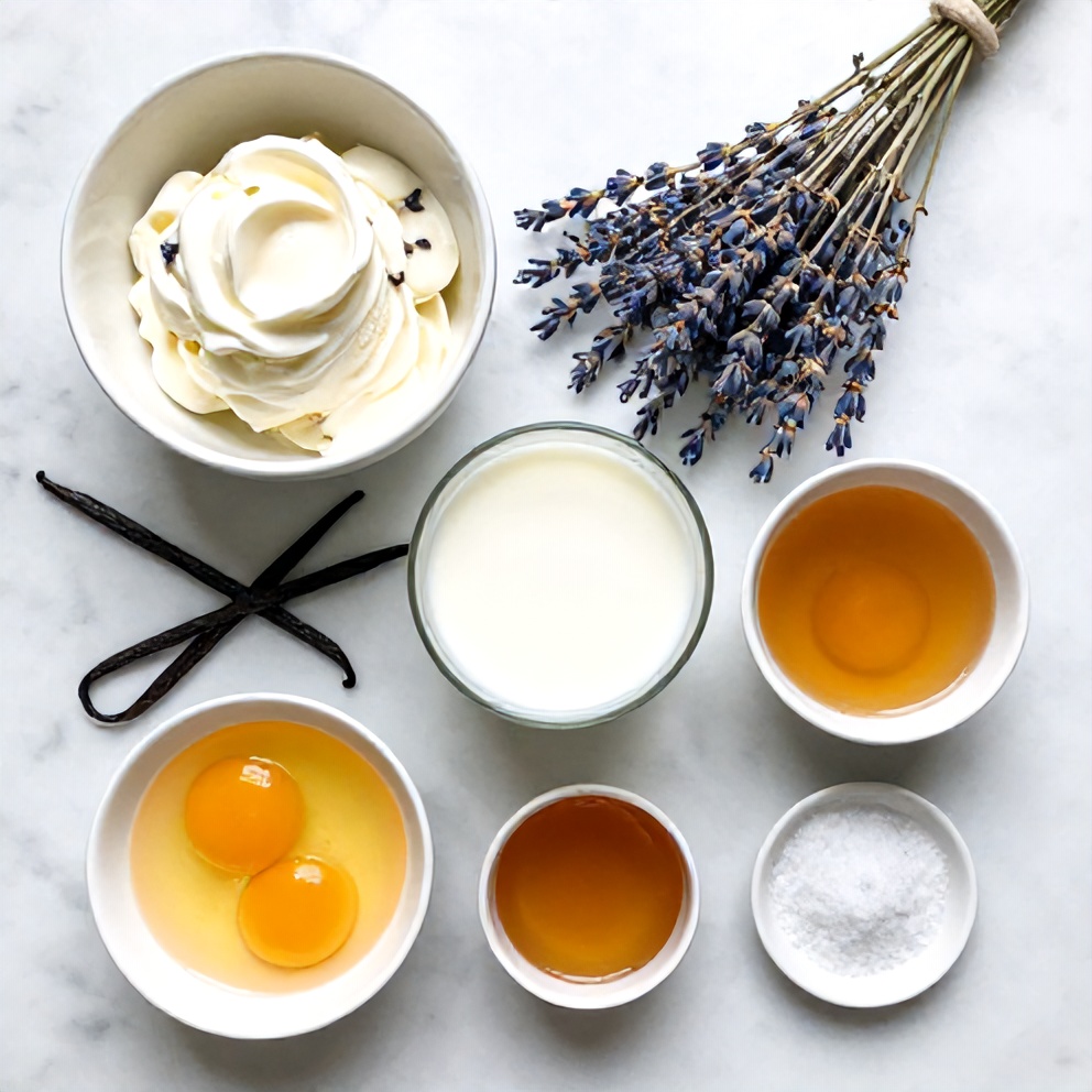 Raw ingredients for honey lavender ice cream including honey, dried lavender, and heavy cream