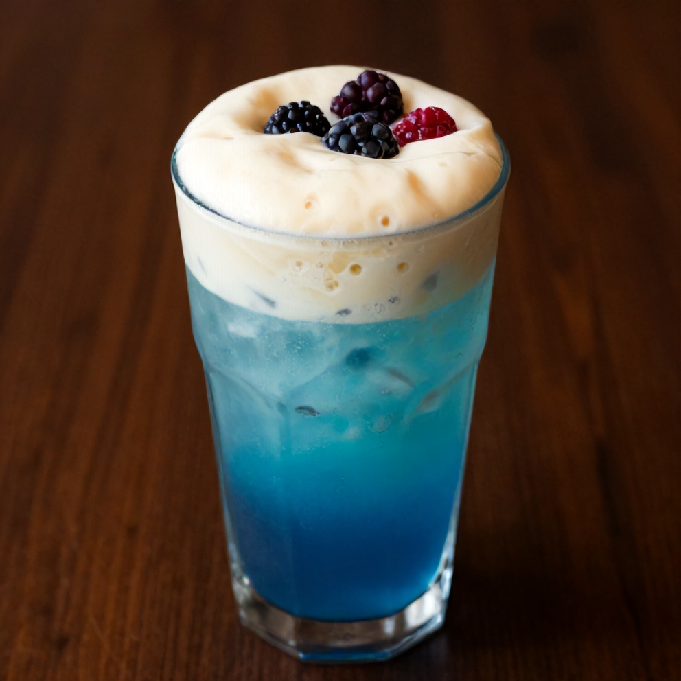 Iced Blue Tea Latte with Vanilla Cold Foam ready to serve