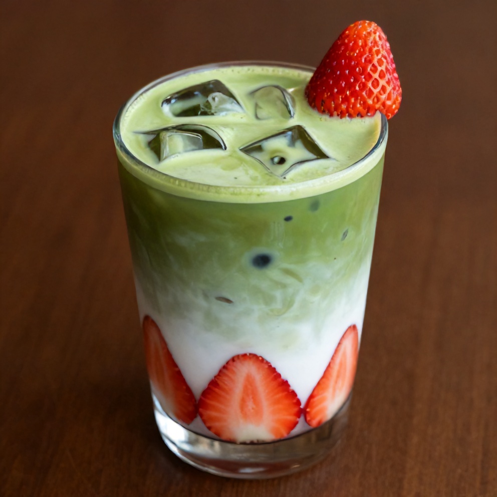 Iced Matcha Strawberry Latte in a glass with a straw and fresh strawberries on top