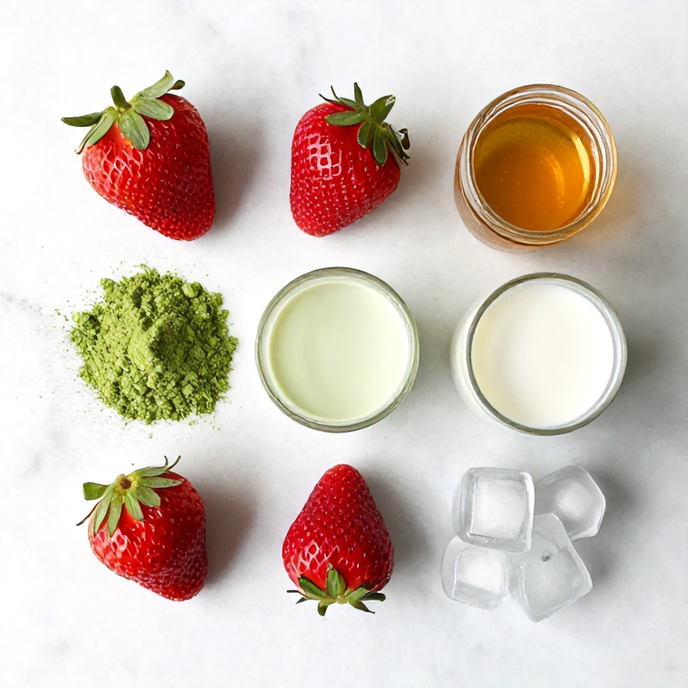 Ingredients for Iced Matcha Strawberry Latte: matcha powder, fresh strawberries, honey, milk, and ice