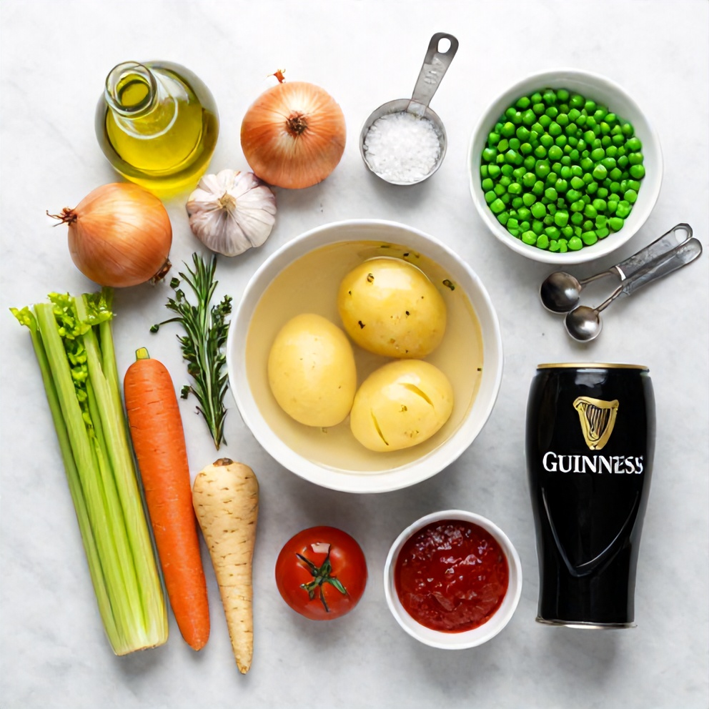 Ingredients for Irish Vegetarian Stew on a marble surface