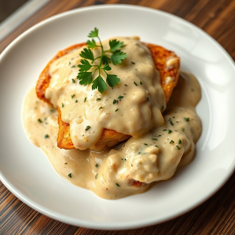 Plated chicken with creamy garlic sauce. Garnished with parsley. White plate. Warm lighting. Close crop. Photorealistic food photography.