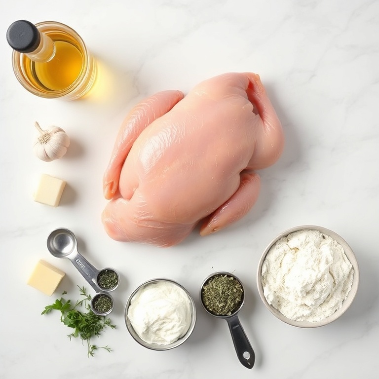 Raw chicken, Irish whiskey, garlic, butter, cream, thyme, flour. Measuring spoons and cups. White marble surface. Bright even light. Overhead flat lay of ingredients.