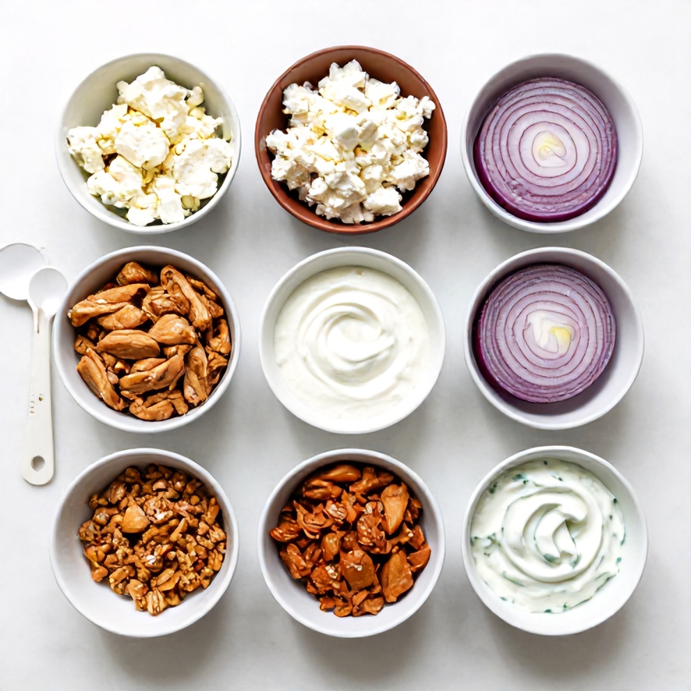 Raw ingredients for Greek chicken burgers including ground chicken, feta, red onion, and tzatziki sauce