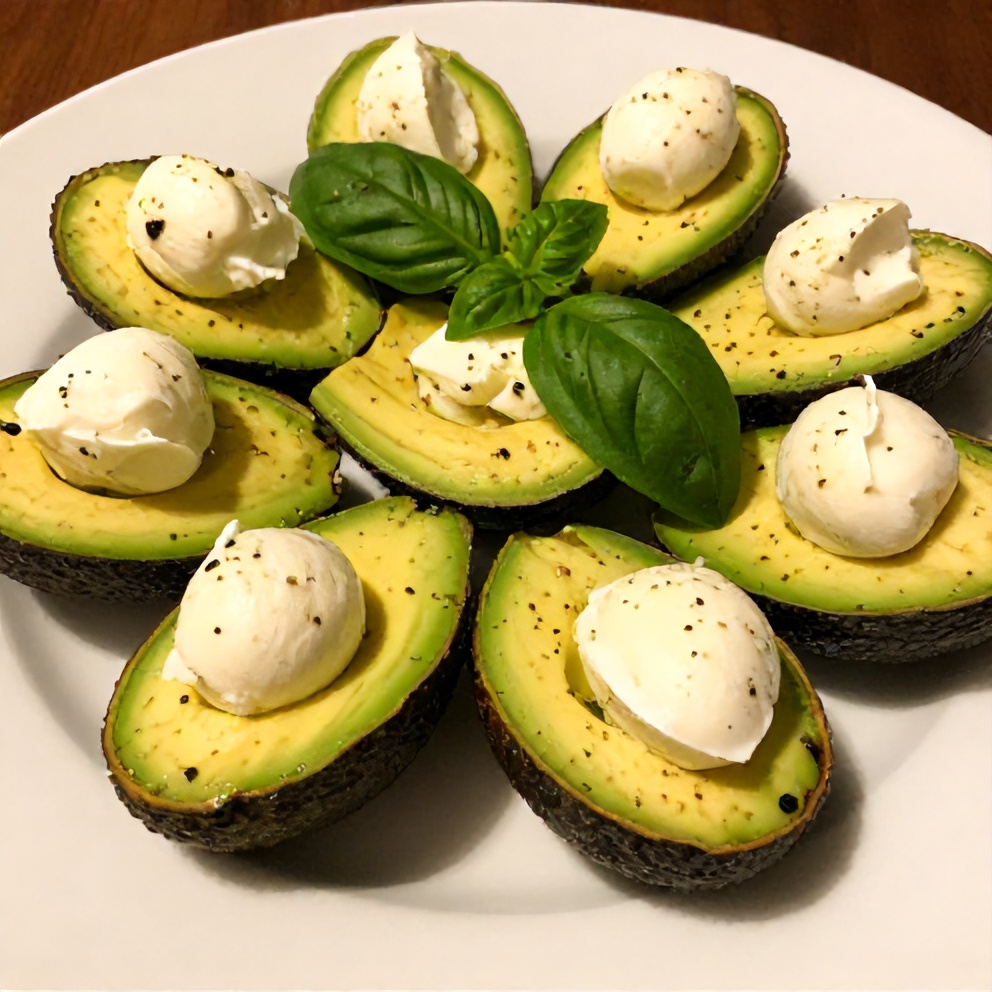 Plated Keto Caprese Stuffed Avocado Bites on a white plate