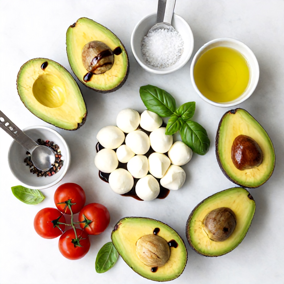 Raw ingredients for Keto Caprese Stuffed Avocado Bites on a white marble surface