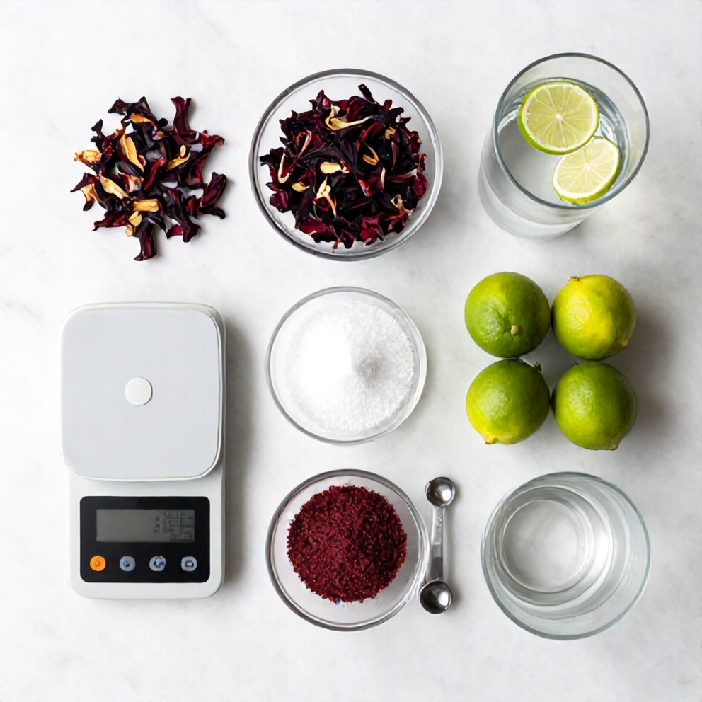 Ingredients for keto hibiscus lime sparkling water laid out