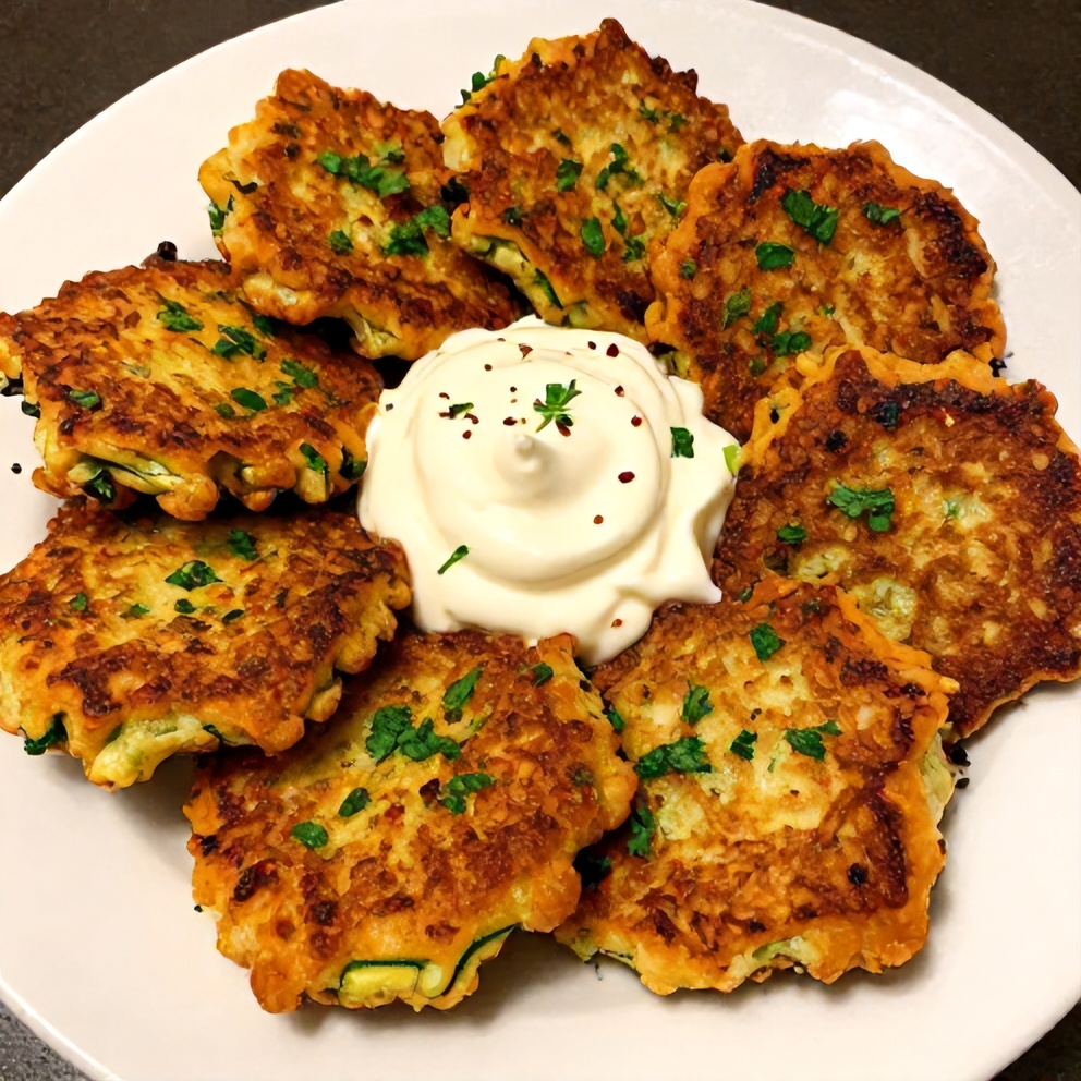 Plated Keto Zucchini Parmesan Fritters with Sour Cream Dip