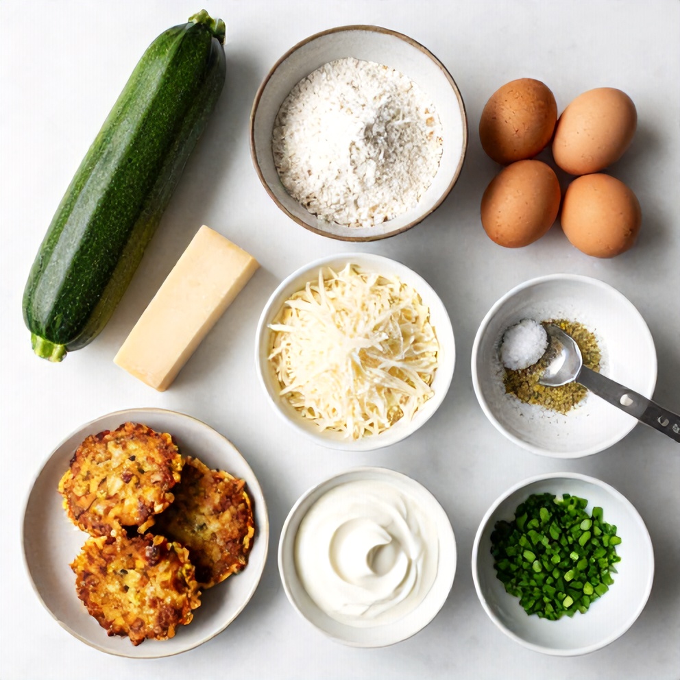 Raw ingredients for Keto Zucchini Parmesan Fritters on a marble surface