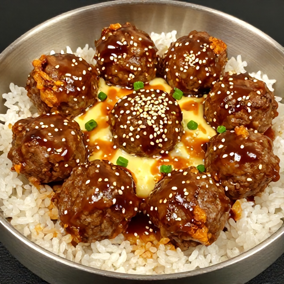 Plated Korean BBQ Meatball Rice Bowl with a sprinkle of sesame seeds