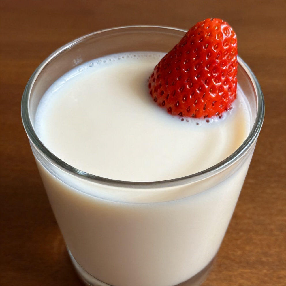 Glass of Korean strawberry milk garnished with a fresh strawberry