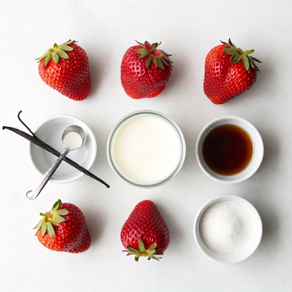 Fresh strawberries, milk, sugar, and vanilla extract arranged on a white marble surface