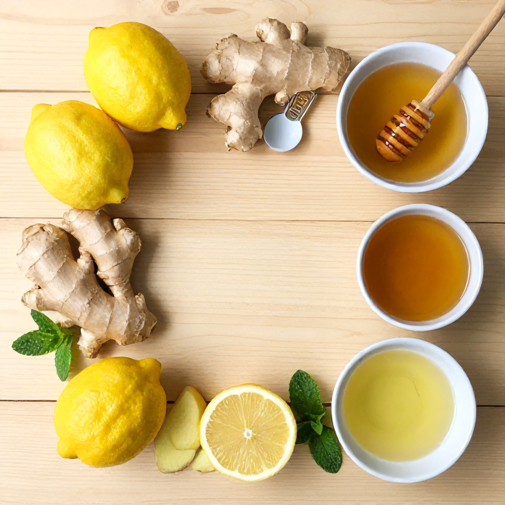 Lemon Ginger Water ingredients on a wooden surface