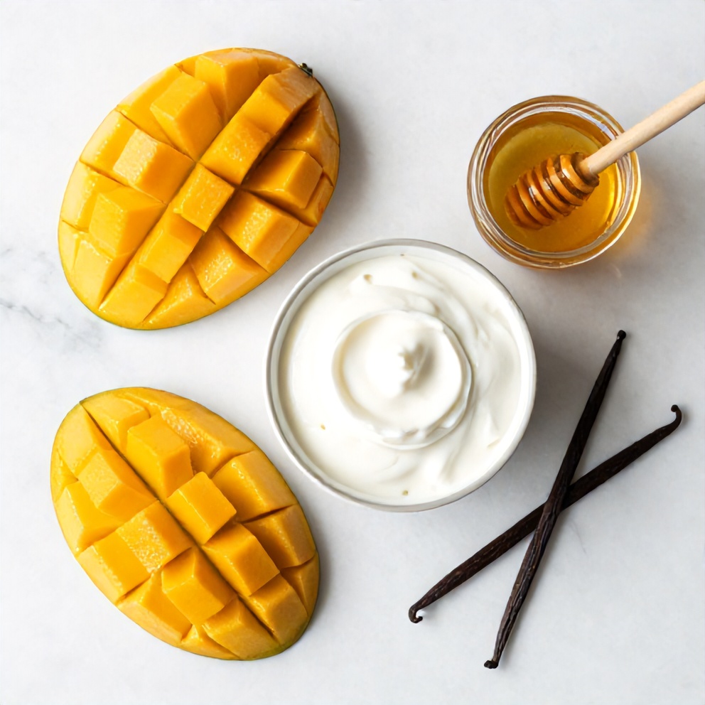 Mango, Greek yogurt, honey, and vanilla extract on a white marble surface