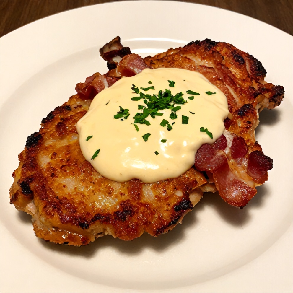 Plated maple bacon pork chops with creamy Dijon mustard sauce