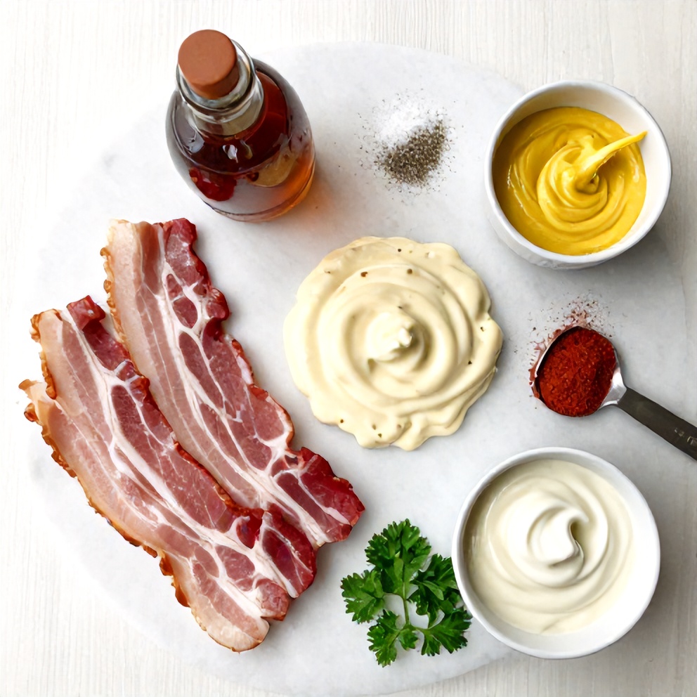 Raw ingredients for maple bacon pork chops with creamy Dijon mustard sauce