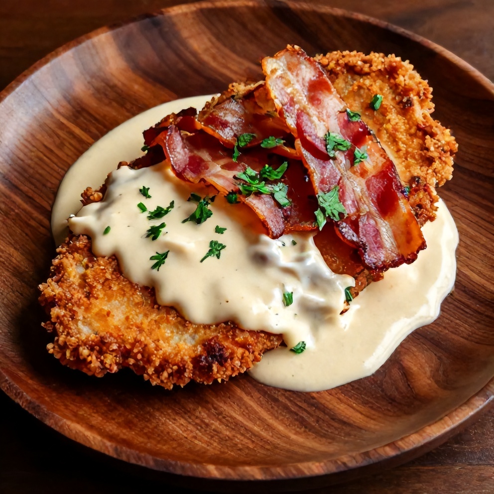 Plated maple bacon pork chops with creamy Dijon sauce