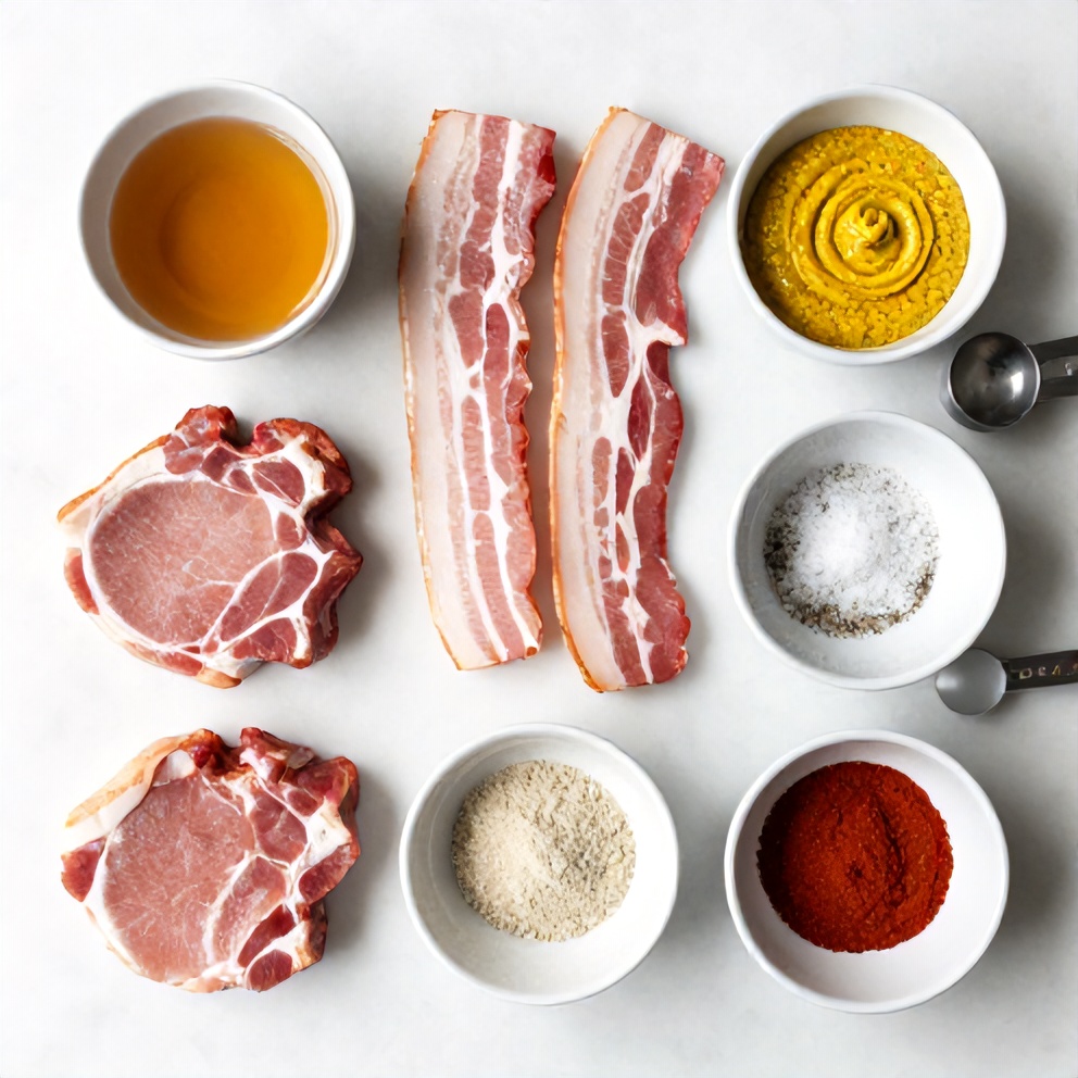 Raw ingredients for maple bacon pork chops