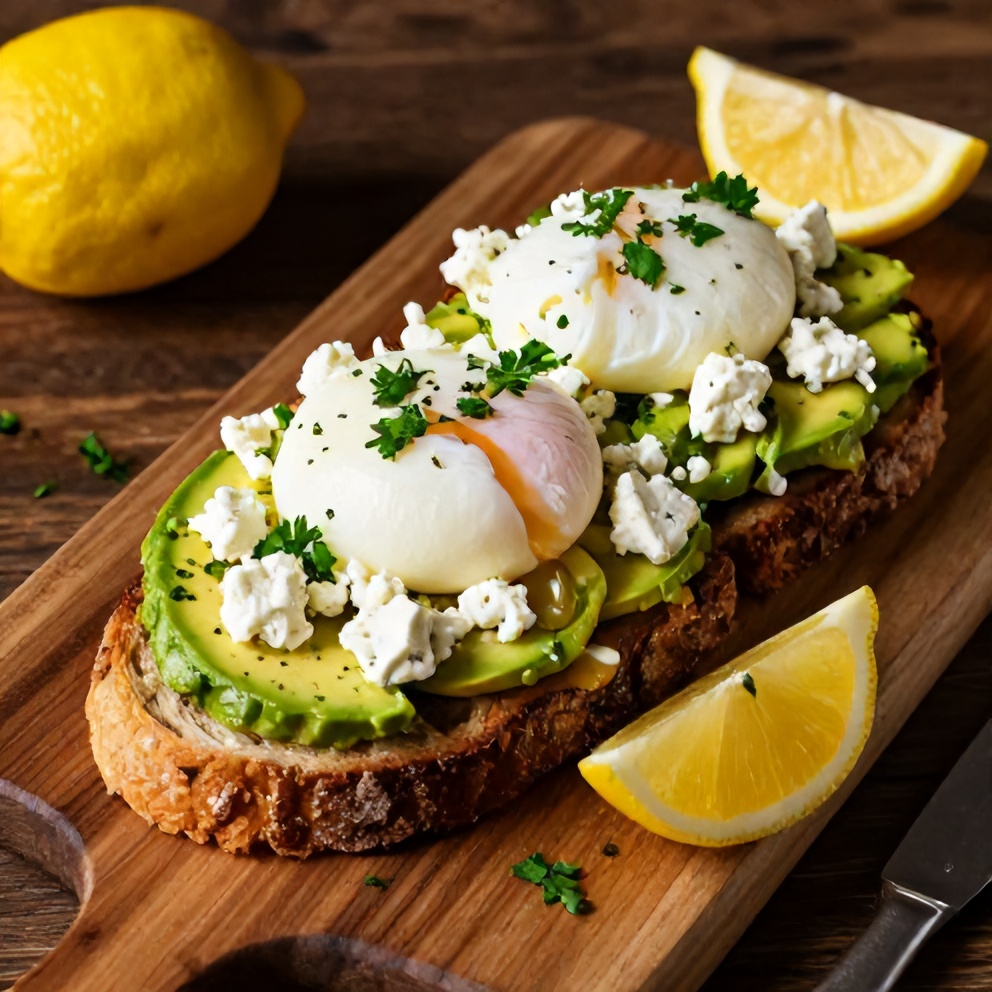 Mediterranean Avocado Toast with Poached Egg and Feta on a rustic wooden board