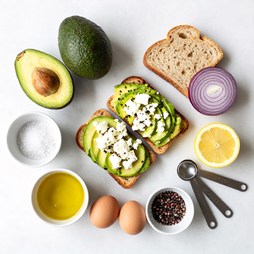 Avocado, feta, eggs, red onion, cherry tomatoes, and other ingredients for Mediterranean Avocado Toast on a white marble surface