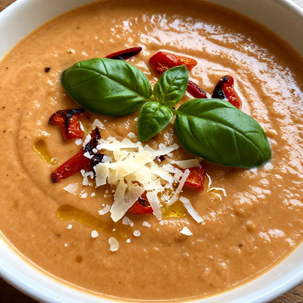 Bowl of Creamy Tomato and Roasted Pepper Soup