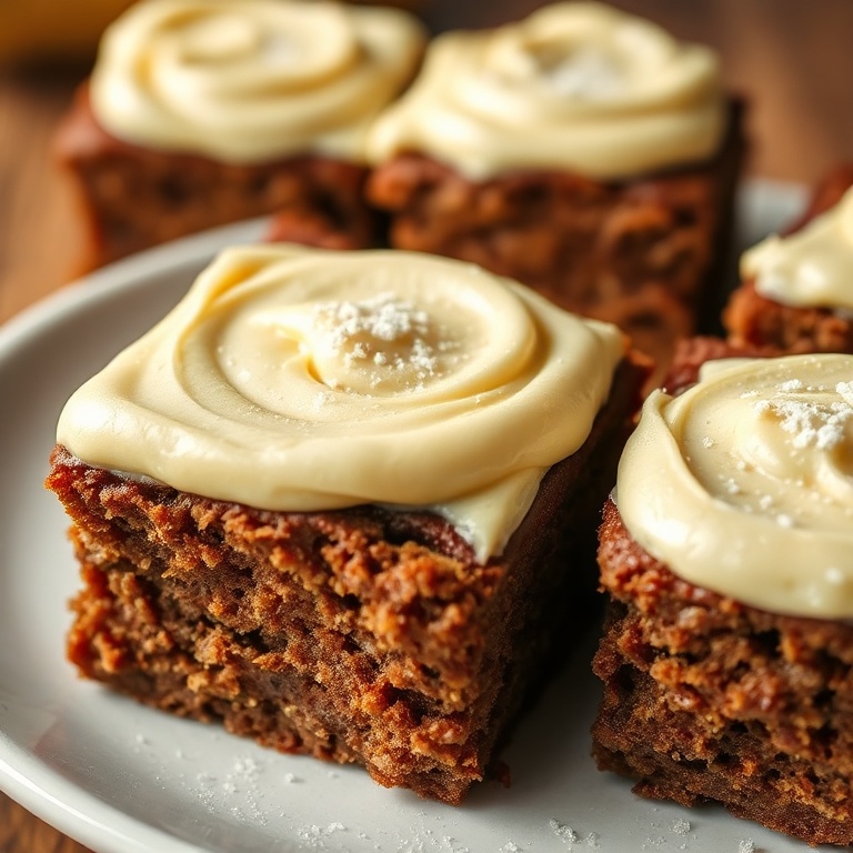 One perfect serving of moist banana bread brownies with creamy vanilla frosting. Garnished with a sprinkle of sugar.