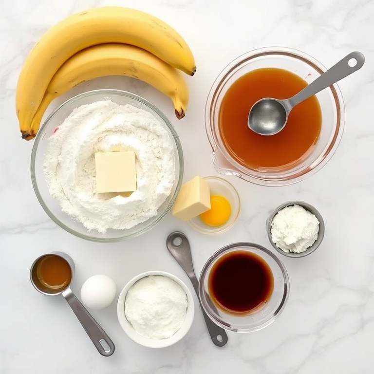 All raw ingredients for moist banana bread brownies. Flour, butter, eggs, bananas, and vanilla extract. Measuring spoons and bowls visible.