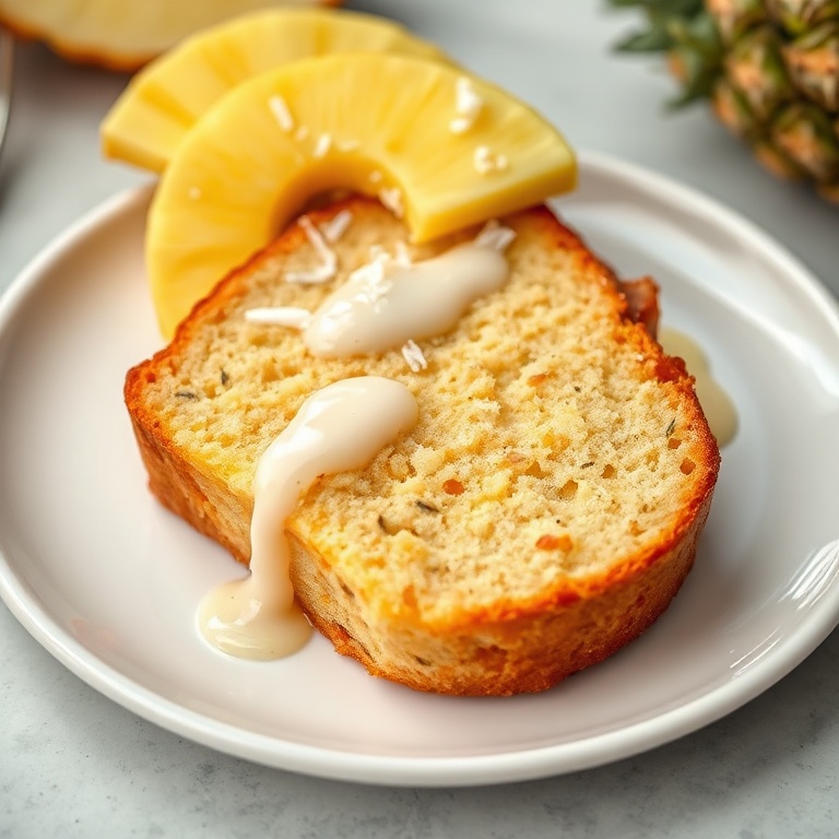 A slice of moist pineapple coconut bread on a white plate with a drizzle of glaze, fresh pineapple, and a sprinkle of shredded coconut.