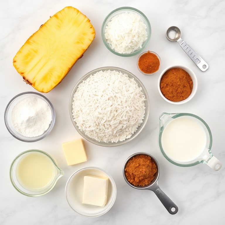 A flat lay of fresh pineapple, shredded coconut, all-purpose flour, baking powder, butter, brown sugar, eggs, and milk arranged on a white marble surface with measuring cups and bowls.