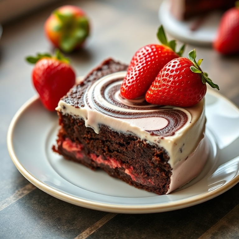 A perfectly plated slice of moist strawberry chocolate cake with a swirl of cream cheese frosting. Garnished with fresh strawberries. Close crop. Warm side lighting. Photorealistic food photography. No text. No watermark.