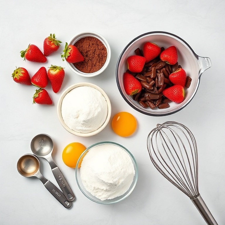 Fresh strawberries, unsweetened cocoa powder, all-purpose flour, granulated sugar, and eggs arranged in an overhead flat lay. Measuring spoons, a mixing bowl, and a whisk visible. Bright even light. Photorealistic food photography. No text. No watermark.