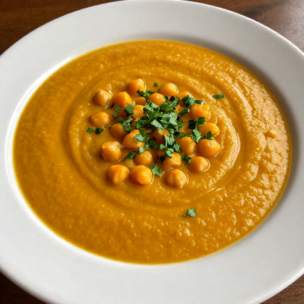 Bowl of Moroccan Sweet Potato and Chickpea Soup with a sprinkle of parsley