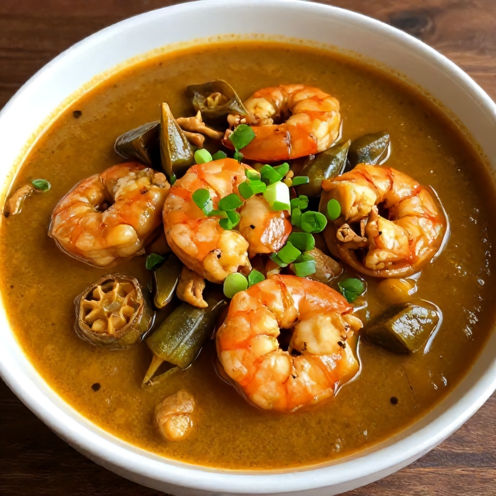 Bowl of Nigerian Okra Soup with Shrimp and Turkey, garnished with chopped green onions