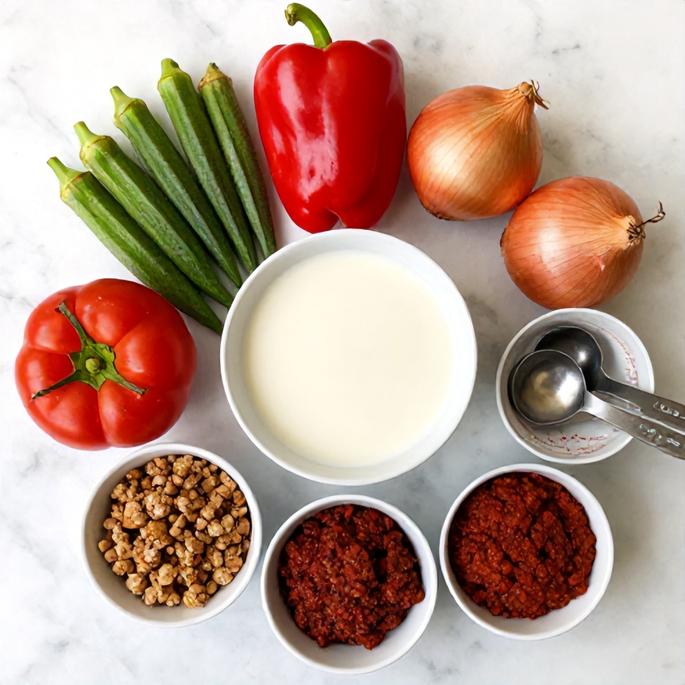 Raw ingredients for Nigerian Okra Soup arranged in a flat lay