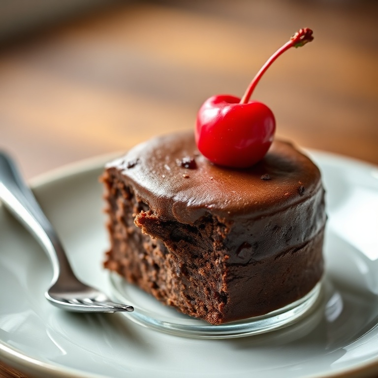 A perfectly plated no-bake chocolate fridge cake with a cherry on top, served in a glass bowl under warm lighting.