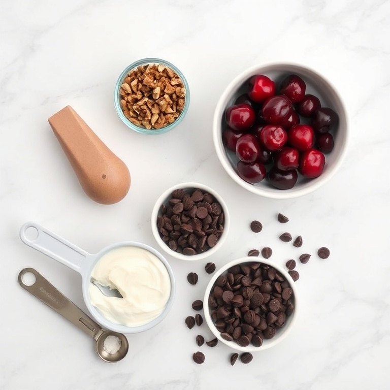 All the raw ingredients for a no-bake chocolate fridge cake: chocolate pudding, heavy cream, crushed nuts, cherries, and chocolate chips arranged in a flat lay with measuring tools.