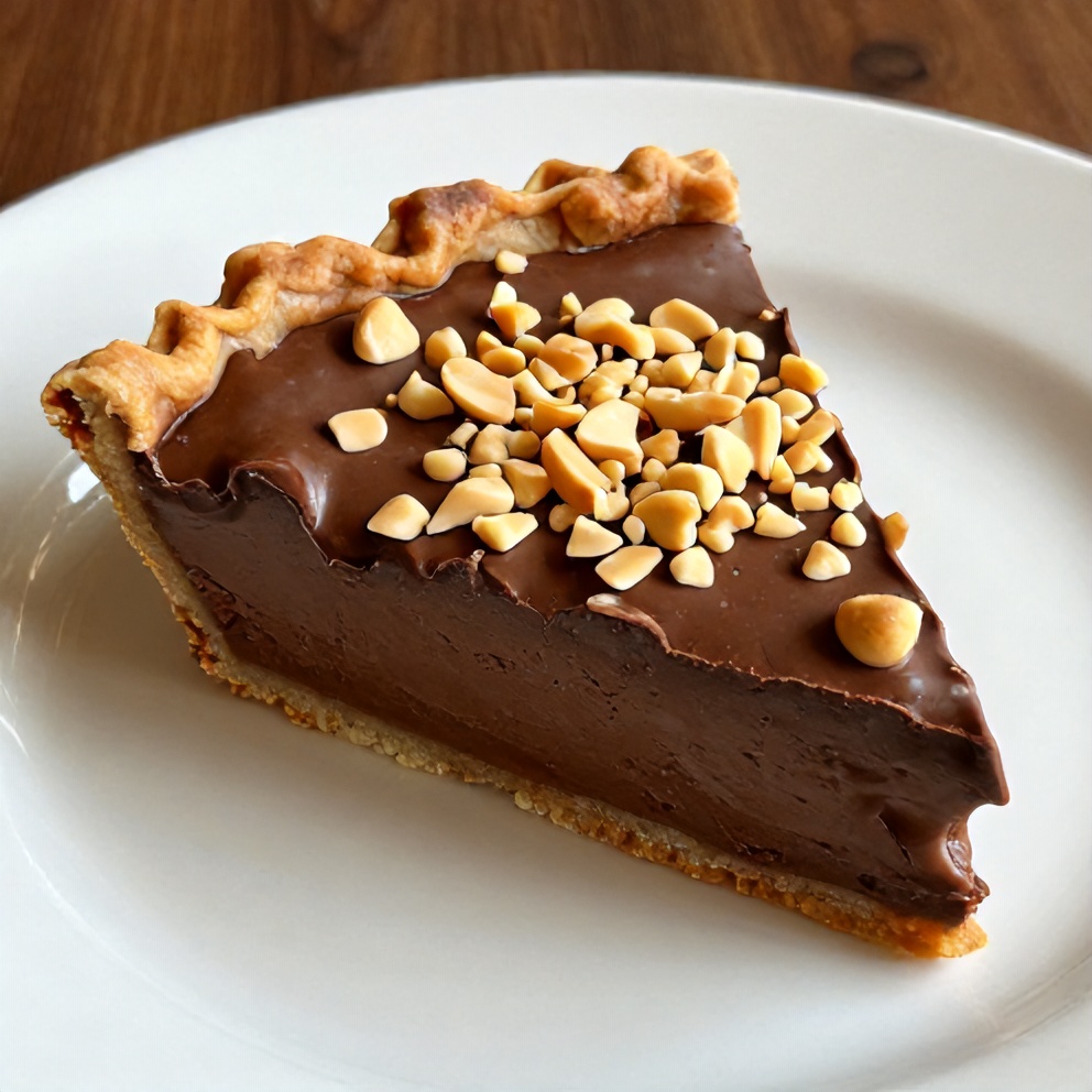 Sliced No-Bake Chocolate Peanut Butter Pie on a dessert plate