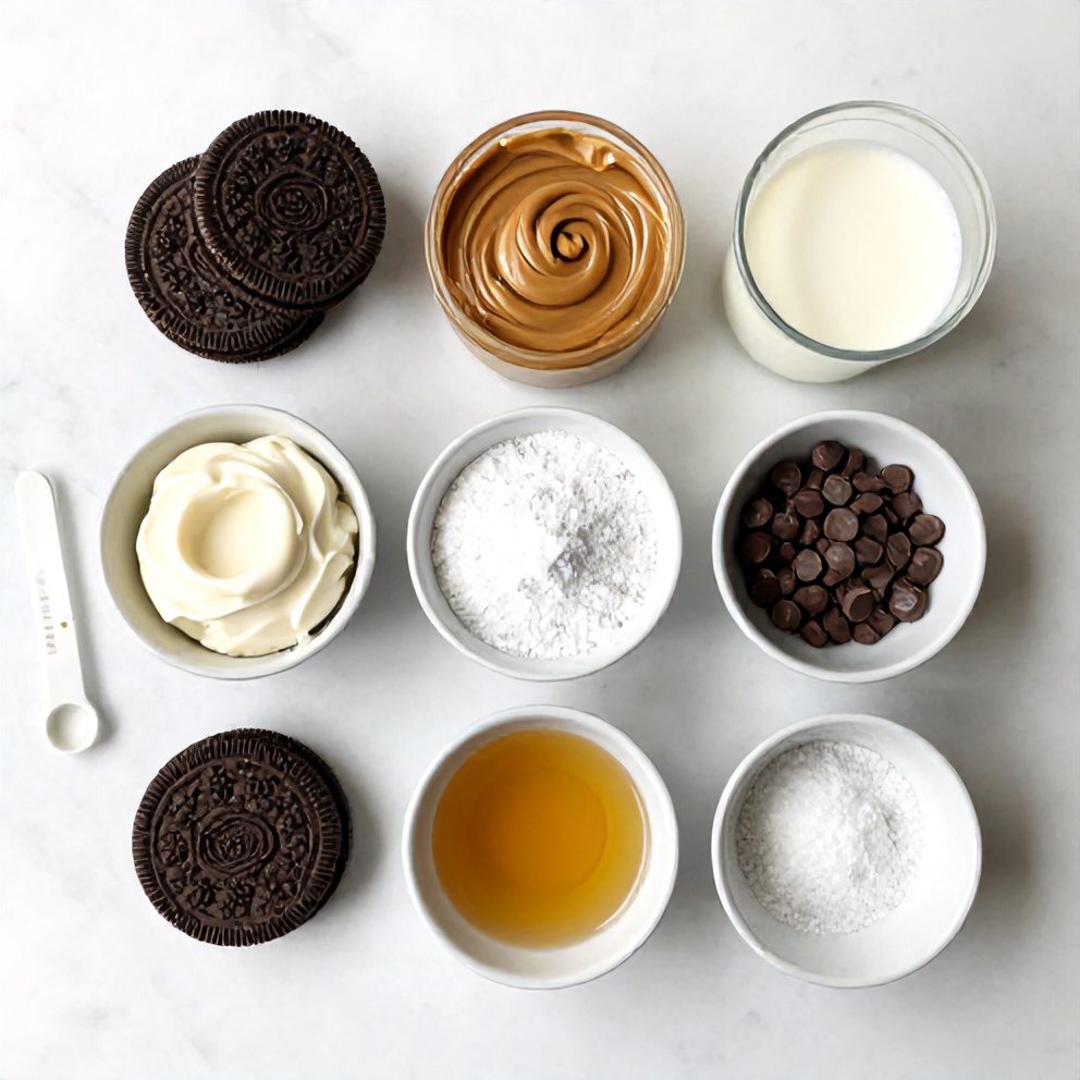 Ingredients for No-Bake Chocolate Peanut Butter Pie on a marble surface
