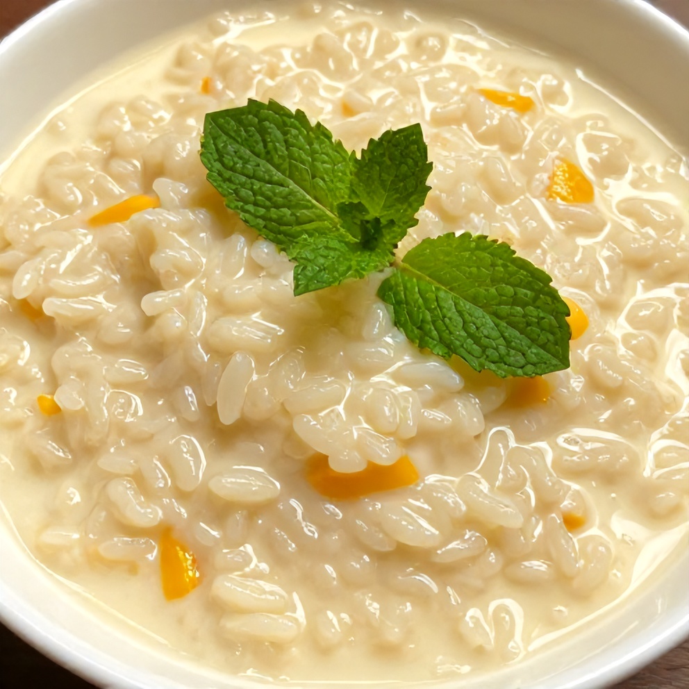 Plated no-bake mango coconut rice pudding with a mint leaf garnish