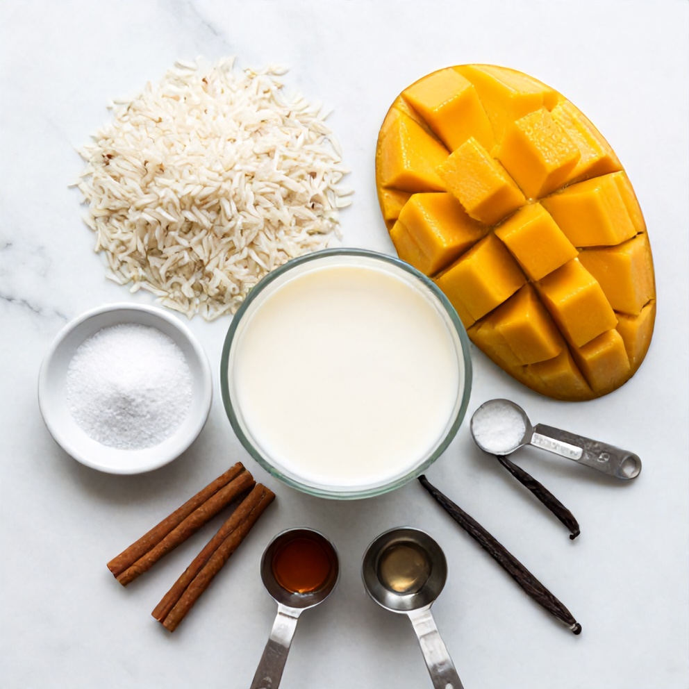 Raw ingredients for no-bake mango coconut rice pudding on a marble surface